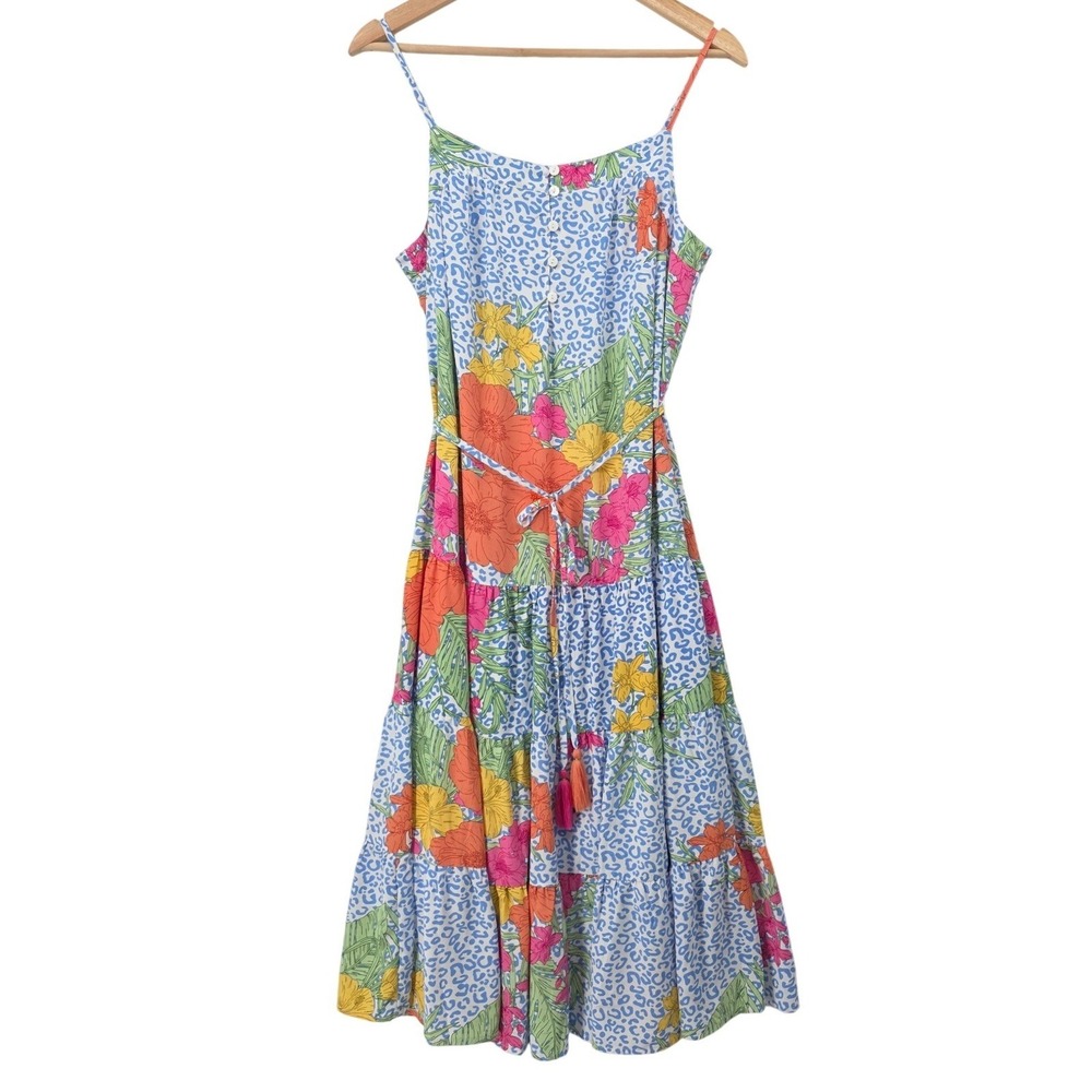 THML Womens M Blue Floral Leopard Print Tassel Tie Tiered Midi Dress - Picture 2 of 15